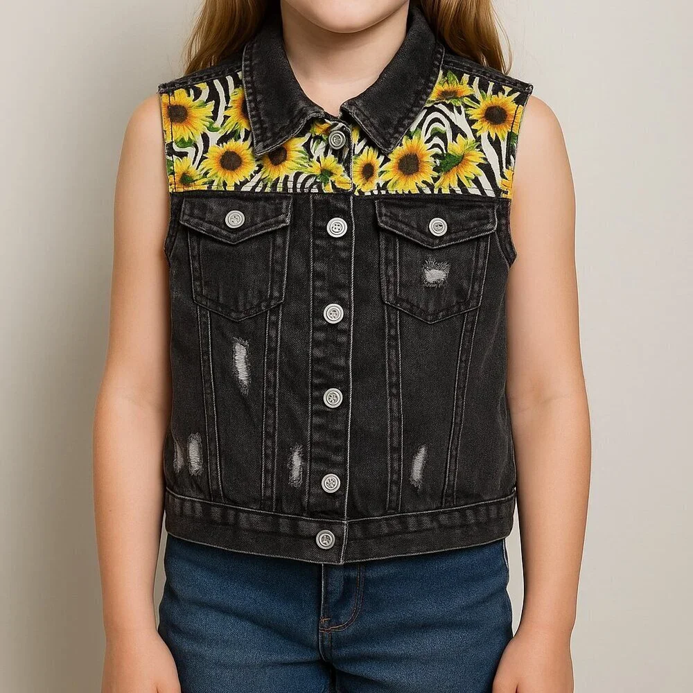 Sunflower Embroidered Black Denim Vest Size 10/12 XL Kids Girls Distressed Y2K